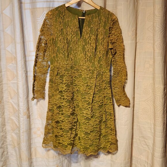 👗 VTG 60s Handmade Lace Dress Olive Mod Long Sleeve 🎯 - Picture 2 of 8